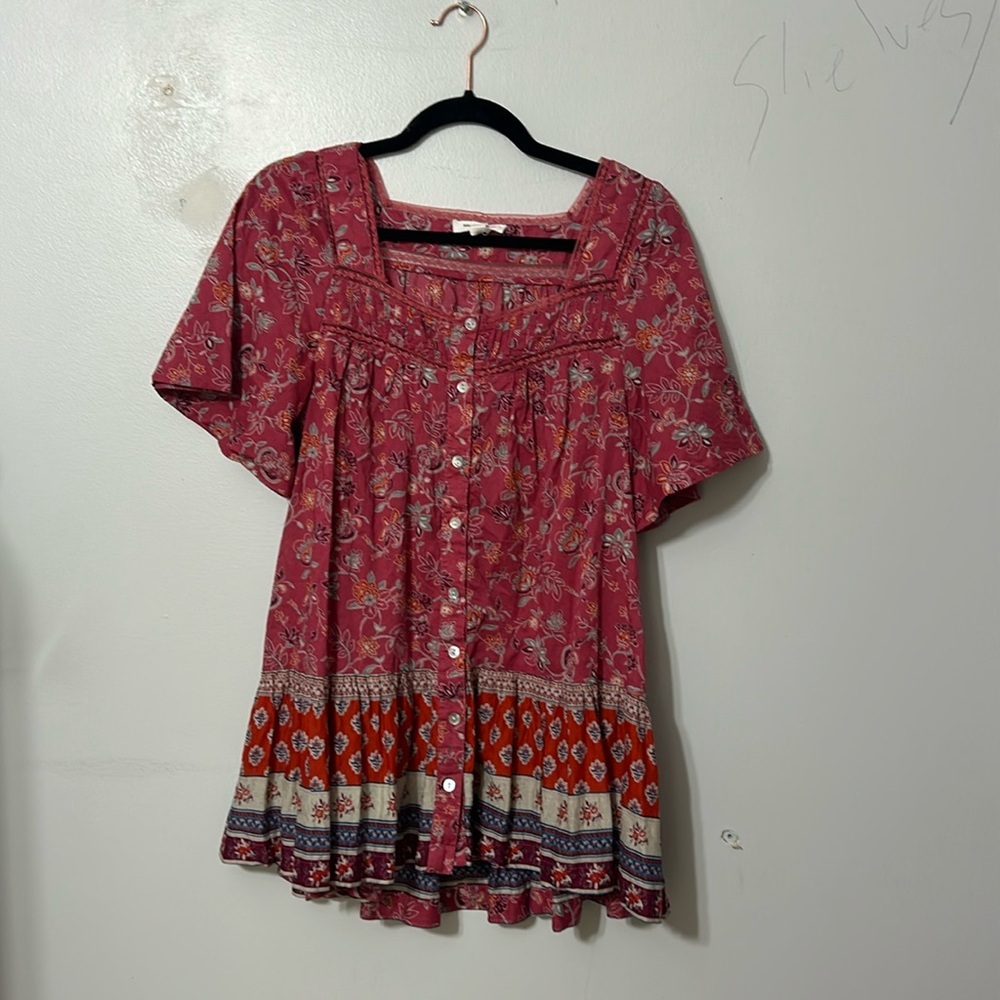 Beach Lunch Lounge Womens Nica Square Neck Printed Button-Down Top Boho Blouse S - Picture 2 of 5